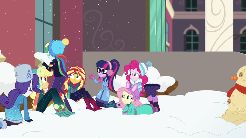 Size: 1920x1082 | Tagged: safe, derpibooru import, screencap, applejack, fluttershy, pinkie pie, rainbow dash, rarity, sci-twi, sunset shimmer, twilight sparkle, equestria girls, equestria girls series, holidays unwrapped, spoiler:eqg series (season 2), blizzard or bust, humane five, humane seven, humane six, image, png, snowman