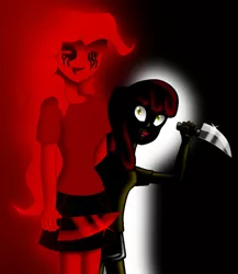 Size: 650x750 | Tagged: grimdark, artist:golddrug, derpibooru import, apple bloom, pinkie pie, human, luna game, creepybloom, creepypasta, humanized, image, jpeg, knife, zalgo, zalgo pie