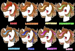 Size: 1596x1080 | Tagged: safe, artist:jvartes6112, derpibooru import, oc, unofficial characters only, pony, unicorn, angry, black background, blush sticker, blushing, disgusted, expressions, grin, horn, image, jpeg, male, nervous, scared, simple background, smiling, smirk, stallion, unicorn oc