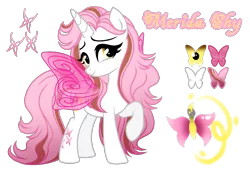 Size: 1596x1080 | Tagged: safe, artist:jvartes6112, derpibooru import, oc, unofficial characters only, alicorn, butterfly, insect, pony, alicorn oc, butterfly wings, eyelashes, female, horn, image, mare, parent:fluttershy, parents:canon x oc, png, raised hoof, reference sheet, simple background, smiling, solo, transparent background, wings