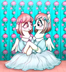 Size: 1035x1129 | Tagged: safe, artist:jvartes6112, derpibooru import, oc, unofficial characters only, pegasus, pony, adoracreepy, blushing, bow, clothes, creepy, cute, dress, duo, eyelashes, hair bow, hug, image, pegasus oc, png, siblings, smiling, twins, wings