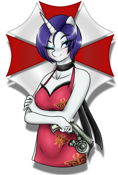 Size: 1080x1596 | Tagged: safe, artist:jvartes6112, derpibooru import, rarity, anthro, unicorn, bust, choker, clothes, cosplay, costume, crossed arms, gun, horn, image, makeup, one eye closed, png, resident evil, simple background, smiling, solo, transparent background, weapon, wink