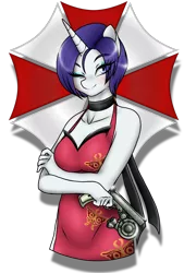 Size: 1080x1596 | Tagged: safe, artist:jvartes6112, derpibooru import, rarity, anthro, unicorn, bust, choker, clothes, cosplay, costume, crossed arms, gun, horn, image, makeup, one eye closed, png, resident evil, simple background, smiling, solo, transparent background, weapon, wink