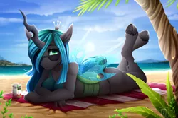 Size: 7087x4724 | Tagged: suggestive, alternate version, artist:buvanybu, derpibooru import, queen chrysalis, anthro, changeling, changeling queen, unguligrade anthro, absurd resolution, ass, beach, beach towel, breasts, bugbutt, busty queen chrysalis, butt, clothes, female, image, juice, juice box, lying down, nail polish, outdoors, png, prone, reversalis, solo, solo female, spread wings, sunglasses, swimsuit, the pose, towel, wings