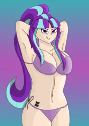 Size: 2480x3508 | Tagged: suggestive, artist:anthrodegenerate, derpibooru import, starlight glimmer, human, arm behind head, big breasts, bikini, breasts, busty starlight glimmer, cleavage, clothes, cutie mark on human, evil grin, evil starlight, female, grin, high res, humanized, image, looking at you, png, sexy, simple background, smiling, solo, solo female, swimsuit