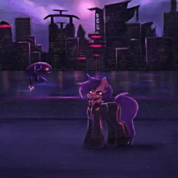 Size: 3000x3000 | Tagged: safe, alternate version, artist:menalia, derpibooru import, oc, unnamed oc, unofficial characters only, earth pony, pony, robot, aesthetics, bridge, city, clothes, cloud, emotionless, female, flying, gloves, highway, image, jacket, mare, neon, night, pants, png, shoes, sun, vhs, water