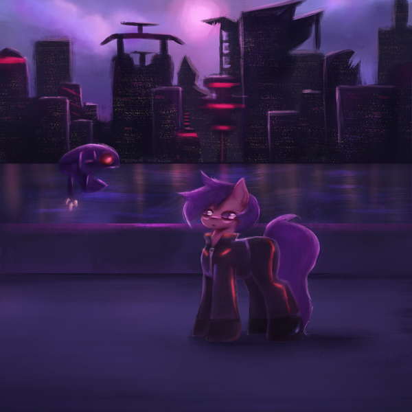 Size: 3000x3000 | Tagged: safe, alternate version, artist:menalia, derpibooru import, oc, unnamed oc, unofficial characters only, earth pony, pony, robot, aesthetics, bridge, city, clothes, cloud, emotionless, female, flying, gloves, highway, image, jacket, mare, neon, night, pants, png, shoes, sun, water