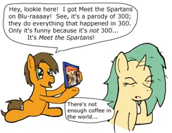 Size: 1280x990 | Tagged: safe, artist:ebbysharp, derpibooru import, oc, oc:ebbysharp, unofficial characters only, earth pony, pony, 300, female, image, jpeg, male, meet the spartans, naruto the abridged series, parody, simple background, speech bubble, white background