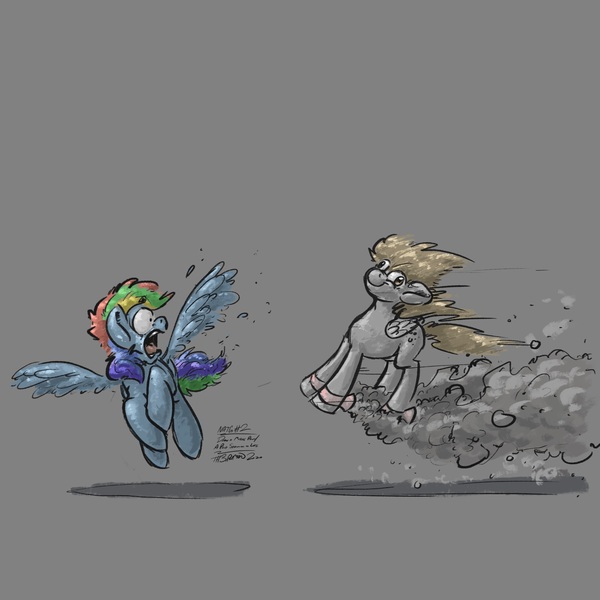 Size: 2000x2000 | Tagged: safe, artist:rigbyh00ves, derpibooru import, derpy hooves, rainbow dash, pegasus, pony, atg 2020, female, gray background, image, jpeg, newbie artist training grounds, open mouth, scared, simple background