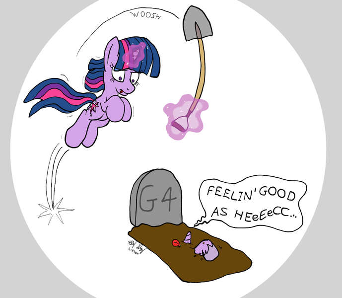 Size: 1241x1080 | Tagged: safe, artist:ebbysharp, derpibooru import, twilight sparkle, twilight sparkle (alicorn), alicorn, pony, undead, zombie, my little pony: pony life, atg 2020, end of ponies, female, g4, grave, gravestone, image, jumping, magic, newbie artist training grounds, png, shovel, speech bubble, swinging, telekinesis