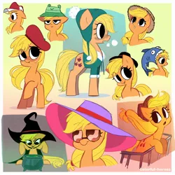 Size: 2500x2500 | Tagged: safe, artist:syrupyyy, derpibooru import, applejack, earth pony, fish, pony, baseball cap, beret, breath, cap, cauldron, clothes, coat, cold, fedora, female, hat, image, jpeg, mare, smiling, solo, sun hat, sunglasses, unamused, witch, witch hat