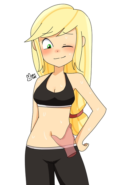 Size: 1307x2006 | Tagged: safe, artist:morusae, derpibooru import, applejack, equestria girls, applejack's hat, belly button, blushing, clothes, cowboy hat, hand on hip, hat, image, jpeg, male, male pov, missing freckles, offscreen character, offscreen male, one eye closed, open mouth, pov, shorts, sports bra, sports shorts, sweat, sweatdrops