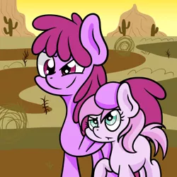 Size: 1976x1976 | Tagged: safe, artist:dinkyuniverse, derpibooru import, berry punch, berryshine, piña colada, earth pony, pony, atg 2021, cactus, desert, female, filly, image, newbie artist training grounds, png