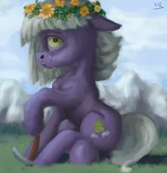 Size: 1280x1320 | Tagged: safe, artist:hailmace, derpibooru import, limestone pie, crying, floral head wreath, flower, image, jpeg, pickaxe, sad, sitting, solo