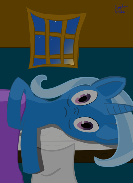 Size: 768x1052 | Tagged: safe, artist:sylphanscribe, derpibooru import, trixie, pony, unicorn, bed, female, image, png, solo