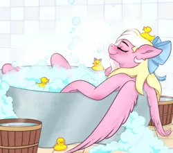 Size: 2824x2500 | Tagged: safe, artist:skygrinder27, derpibooru import, oc, oc:bay breeze, unofficial characters only, pegasus, pony, bathroom, bathtub, bow, bubble, cute, eyes closed, female, hair bow, happy, image, jpeg, mare, ocbetes, pegasus oc, rubber duck, solo, wings