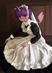 Size: 1500x2101 | Tagged: safe, artist:mrscroup, derpibooru import, twilight sparkle, twilight sparkle (alicorn), alicorn, anthro, pony, clothes, dress, female, floating wings, image, jpeg, looking at you, maid, maidlight sparkle, mare, solo, wings