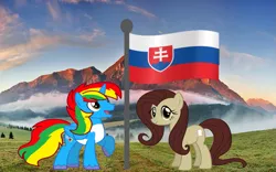 Size: 1015x632 | Tagged: safe, artist:lachlancarr1996, derpibooru import, oc, oc:flutter dust, oc:shield wing, cloud, flag, fluttershy mane, image, looking at you, looking up, mountain, png, sky, slovakia