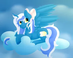 Size: 2000x1600 | Tagged: safe, artist:dolphintales, derpibooru import, oc, oc:fleurbelle, alicorn, pony, alicorn oc, bow, cloud, female, hair bow, horn, image, mare, png, sky, wings, yellow eyes