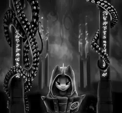 Size: 3330x3086 | Tagged: safe, artist:kviksi, derpibooru import, pony, unicorn, book, cape, clothes, image, looking at you, lovecraft, monochrome, open mouth, pentagram, pillar, png, robe, runes, solo, tentacles