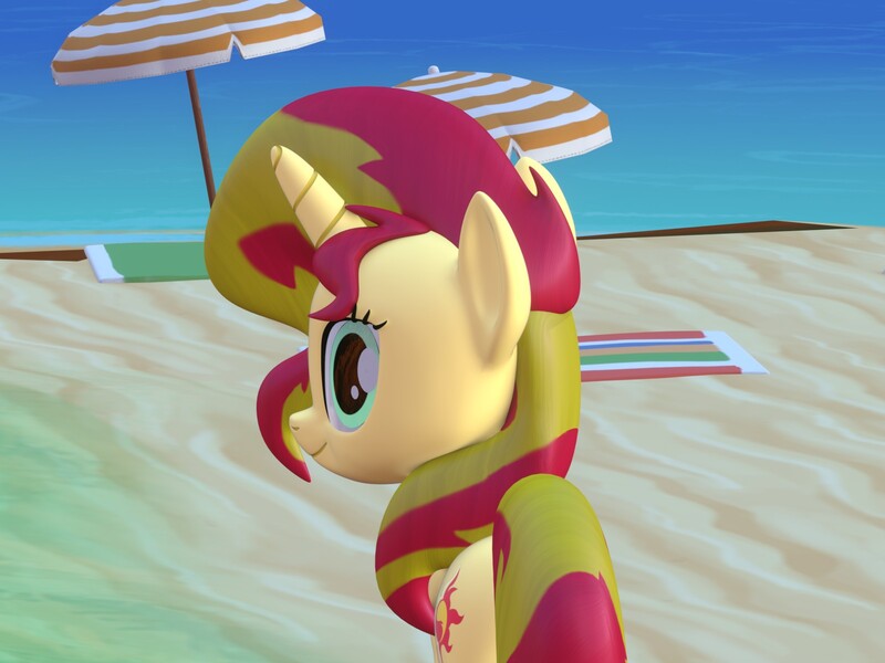 Size: 1600x1200 | Tagged: safe, artist:wissle, derpibooru import, sunset shimmer, pony, unicorn, 3d, absurd resolution, atg 2021, beach, blender, female, image, jpeg, looking at you, looking back, looking back at you, mare, newbie artist training grounds, sand, simple background, smiling, solo, water