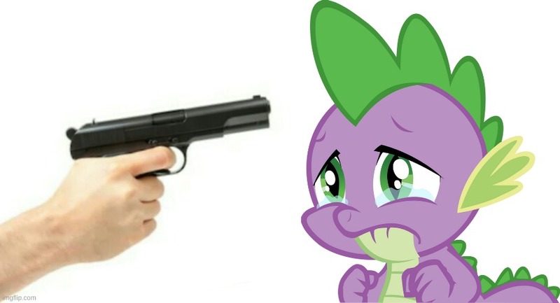 Size: 923x499 | Tagged: semi-grimdark, derpibooru import, spike, over a barrel, abuse, crying, edgy, gun, image, jpeg, solo, spikeabuse, teary eyes, weapon