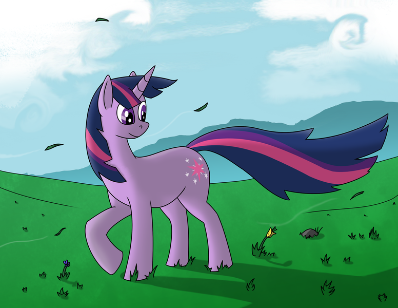 Size: 3300x2550 | Tagged: safe, artist:heavysteno, derpibooru import, twilight sparkle, pony, unicorn, female, grass, image, png, scenery, solo, unicorn twilight, wind, windswept mane