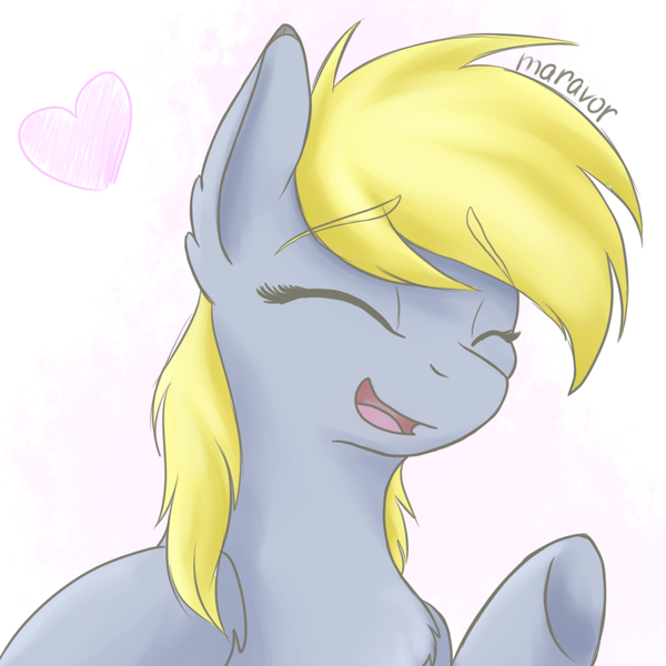 Size: 900x900 | Tagged: safe, artist:maravor, derpibooru import, derpy hooves, pegasus, pony, bust, chest fluff, cute, derpabetes, ear fluff, eyes closed, female, heart, image, mare, open mouth, png, portrait, solo