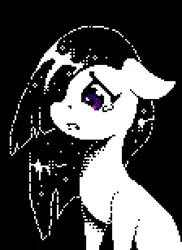 Size: 1120x1540 | Tagged: safe, artist:terrafomer, derpibooru import, marble pie, earth pony, pony, black background, bust, female, floppy ears, hair over one eye, image, looking at something, looking away, mare, open mouth, partial color, pixel art, png, portrait, sad, simple background, sitting, solo, teary eyes, three quarter view