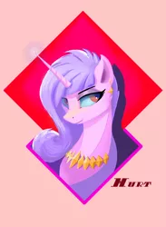 Size: 2132x2920 | Tagged: safe, artist:e0tkvvitmzxvx0a, artist:i love hurt, derpibooru import, oc, oc:obsidian hurt, unofficial characters only, pony, unicorn, bust, digital art, ear piercing, earring, high res, horn, image, jewelry, jpeg, looking at each other, male, necklace, piercing, pink body, portrait, red eyes, simple background, smiling, solo, stallion, trap, unicorn oc, violet hair