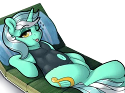 Size: 984x732 | Tagged: safe, artist:llametsul, derpibooru import, lyra heartstrings, pony, unicorn, ;p, belly button, blushing, clothes, cutie mark, eyeshadow, female, horn, image, looking at you, lounging, lying down, makeup, mare, navel cutout, on back, one eye closed, one-piece swimsuit, png, simple background, smiling, solo, sparkles, sticker, stupid sexy lyra, swimsuit, tongue out, towel, transparent background, wink, winking at you