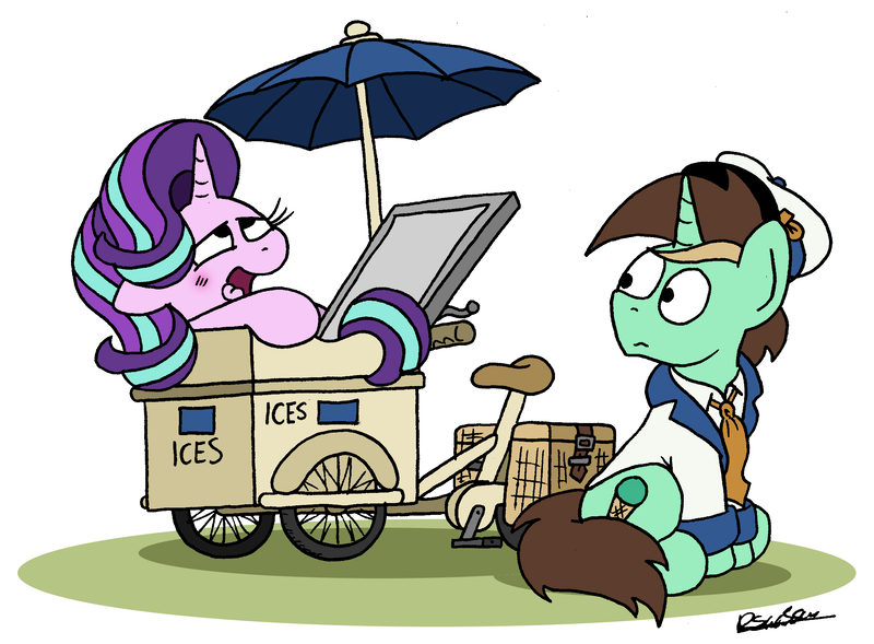 Size: 2241x1650 | Tagged: safe, artist:bobthedalek, derpibooru import, starlight glimmer, oc, pony, unicorn, bicycle, clothes, hat, ice cream stand, image, newbie artist training grounds, png, relief, umbrella