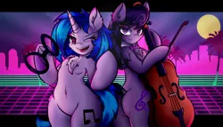 Size: 2048x1171 | Tagged: safe, artist:canvymamamoo, derpibooru import, octavia melody, vinyl scratch, anthro, earth pony, pony, unicorn, arm hooves, belly button, bipedal, blushing, bow (instrument), bowtie, breasts, butt, cello, cello bow, chest fluff, dock, duo, duo female, ear fluff, female, glasses, heart eyes, holding, image, jpeg, lidded eyes, looking at you, mare, musical instrument, one eye closed, open mouth, retrowave, smiling, sunglasses, underhoof, vaporwave, wingding eyes
