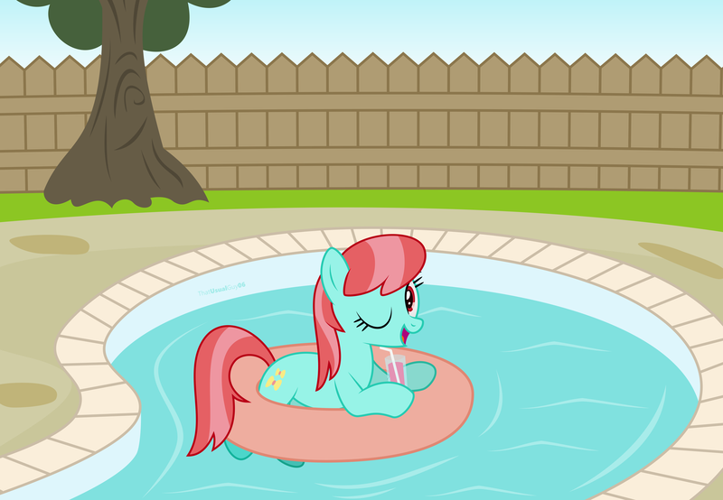 Size: 5840x4044 | Tagged: safe, artist:thatusualguy06, derpibooru import, strawberry ice, earth pony, pony, absurd resolution, atg 2021, drink, female, floaty, image, mare, newbie artist training grounds, png, solo, swimming pool, vector