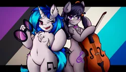 Size: 2048x1171 | Tagged: safe, alternate version, artist:canvymamamoo, derpibooru import, octavia melody, vinyl scratch, anthro, earth pony, pony, unicorn, abstract background, arm hooves, belly button, bipedal, blushing, bow (instrument), bowtie, breasts, butt, cello, cello bow, chest fluff, dock, duo, duo female, ear fluff, female, heart eyes, holding, image, jpeg, lidded eyes, looking at you, mare, musical instrument, one eye closed, open mouth, open smile, smiling, smiling at you, sunglasses, underhoof, wingding eyes, wink, winking at you