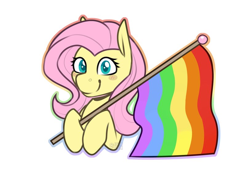 Size: 3508x2480 | Tagged: safe, artist:jellysiek, derpibooru import, fluttershy, pegasus, pony, blushing, cute, female, high res, holding a flag, image, jpeg, lgbt, looking at you, mare, pride, pride flag, pride month, rainbow, rainbow flag, shyabetes, smiling, smiling at you, solo