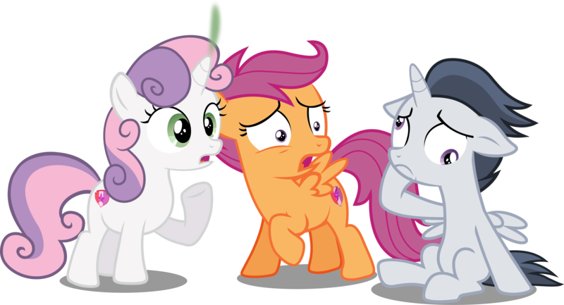 Size: 3411x1848 | Tagged: safe, artist:frownfactory, artist:slb94, derpibooru import, edit, edited edit, editor:slayerbvc, vector edit, rumble, scootaloo, sweetie belle, alicorn, pegasus, pony, unicorn, alicornified, colt, cutie mark, derp, dizzy, female, filly, floppy ears, high res, image, male, oops, png, race swap, raised hoof, rumblecorn, shocked, simple background, sitting, smoking horn, the cmc's cutie marks, transparent background, trio, vector, what has magic done