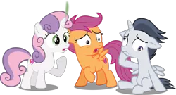 Size: 3411x1848 | Tagged: safe, artist:frownfactory, artist:slb94, derpibooru import, edit, edited edit, editor:slayerbvc, vector edit, rumble, scootaloo, sweetie belle, alicorn, pegasus, pony, unicorn, alicornified, colt, cutie mark, derp, dizzy, female, filly, floppy ears, high res, image, male, oops, png, race swap, raised hoof, rumblecorn, shocked, simple background, sitting, smoking horn, the cmc's cutie marks, transparent background, trio, vector, what has magic done