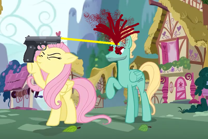 Size: 797x535 | Tagged: semi-grimdark, derpibooru import, edit, edited screencap, screencap, fluttershy, zephyr breeze, pegasus, pony, flutter brutter, 1000 hours in ms paint, blood, brother and sister, duo, female, gun, image, justice, male, mare, op is a duck, png, siblings, stallion, weapon