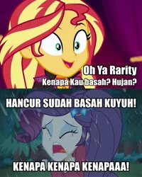 Size: 1831x2289 | Tagged: safe, derpibooru import, edit, edited screencap, screencap, rarity, sunset shimmer, equestria girls, equestria girls series, inclement leather, sunset's backstage pass!, spoiler:choose your own ending (season 2), spoiler:eqg series (season 2), duo, duo female, eyes closed, female, frown, high res, image, implied crying, jpeg, marshmelodrama, music festival outfit, open mouth, open smile, rain, rarity being rarity, smiling