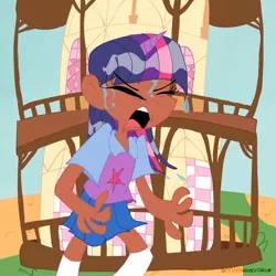 Size: 1000x1000 | Tagged: safe, artist:mirabuncupcakes15, derpibooru import, twilight sparkle, human, feeling pinkie keen, clothes, dark skin, eyes closed, female, horn, horned humanization, humanized, image, jpeg, open mouth, scene interpretation, shirt, skirt, socks, solo, vest, water, wet, wet mane, yelling