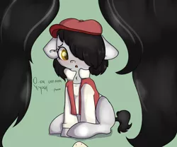 Size: 3000x2500 | Tagged: safe, artist:dumbwoofer, derpibooru import, oc, oc:chimney peep, oc:floor bored, pony, blank flank, blushing, clothes, female, first person view, hair over one eye, hat, image, mare, neet, nervous, offscreen character, png, pov, text