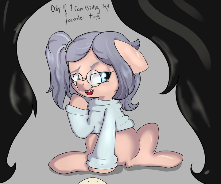 Size: 3000x2500 | Tagged: safe, artist:dumbwoofer, derpibooru import, oc, oc:floor bored, oc:taku, blank flank, braces, clothes, first person view, glasses, image, neet, offscreen character, png, pov, side ponytail, sitting, smiling, text