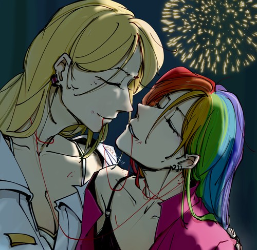 Size: 500x488 | Tagged: safe, derpibooru import, applejack, rainbow dash, human, appledash, female, fireworks, humanized, image, jpeg, lesbian, shipping