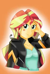 Size: 1280x1910 | Tagged: safe, alternate version, artist:rizubezukyu, derpibooru import, sunset shimmer, equestria girls, 2018, alternative cutie mark placement, bust, colored, female, image, jpeg, signature, smiling, solo