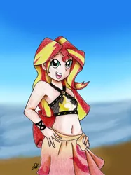 Size: 1280x1714 | Tagged: safe, artist:rizubezukyu, derpibooru import, sunset shimmer, human, equestria girls, :d, beach, clothes, female, hand on hip, image, jpeg, open mouth, outdoors, signature, smiling, solo, swimsuit, traditional art