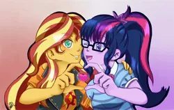 Size: 4687x2962 | Tagged: safe, artist:rizubezukyu, derpibooru import, sci-twi, sunset shimmer, twilight sparkle, equestria girls, :d, abstract background, bust, clothes, eye clipping through hair, eyebrows, eyebrows visible through hair, female, glasses, grin, heart, heart hands, high res, image, jpeg, lesbian, one eye closed, open mouth, open smile, scitwishimmer, shipping, side hug, signature, smiling, sunsetsparkle, wink