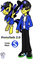 Size: 4813x8446 | Tagged: safe, artist:sebtheartist, derpibooru import, oc, oc:ponyseb 2.0, unofficial characters only, pegasus, pony, equestria girls, absurd resolution, base used, cap, clothes, cutie mark, duality, duo, duo male, hat, hoodie, human ponidox, image, looking at you, male, pegasus oc, png, self ponidox, simple background, stallion, transparent background, wings