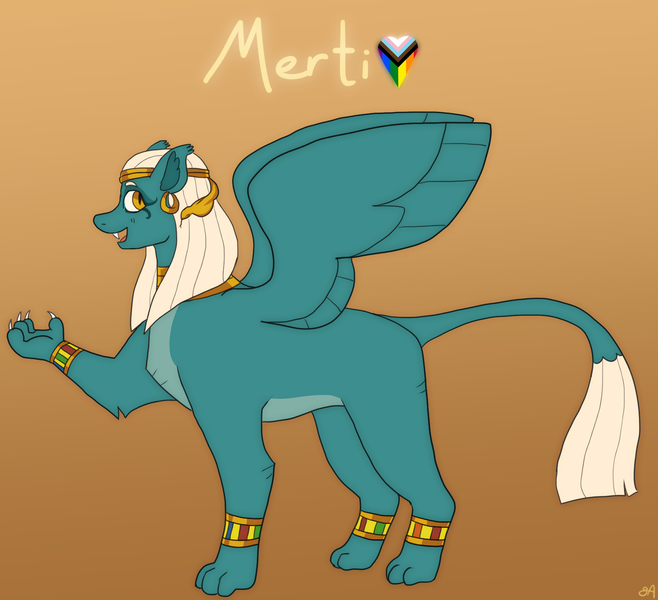 Size: 1580x1440 | Tagged: safe, artist:greenarsonist, derpibooru import, oc, oc:merti, unofficial characters only, sphinx, bracelet, claws, ear piercing, earring, image, jewelry, lgbt, lgbt flag, makeup, piercing, png, solo, sphinx oc, wings