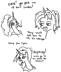 Size: 764x897 | Tagged: safe, artist:jargon scott, derpibooru import, oc, oc:dyx, oc:okie dokey loki, alicorn, pony, unicorn, bad parenting, black and white, cigarette, comic, dialogue, duo, female, filly, grayscale, image, magical lesbian spawn, mare, monochrome, mother and child, mother and daughter, offscreen character, offspring, older, older dyx, parent:oc:dyx, parent:oc:filly anon, parents:oc x oc, png, sharp teeth, simple background, smoking, teeth, white background, wingding eyes